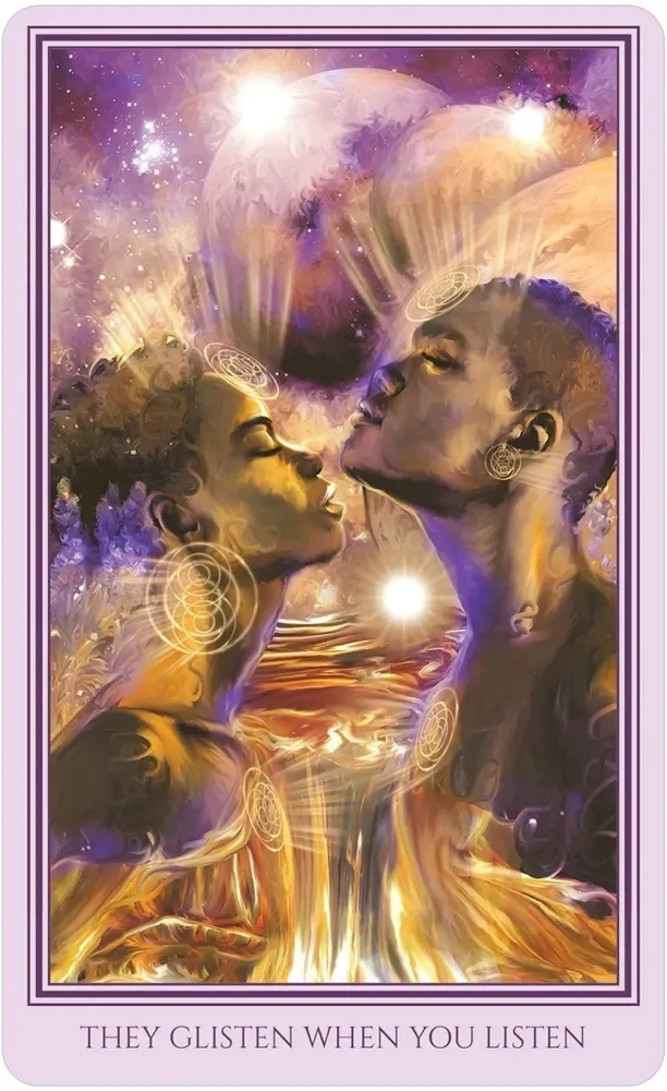 Artistic depiction of two people with a celestial background and text 'They Glisten When You Listen'.