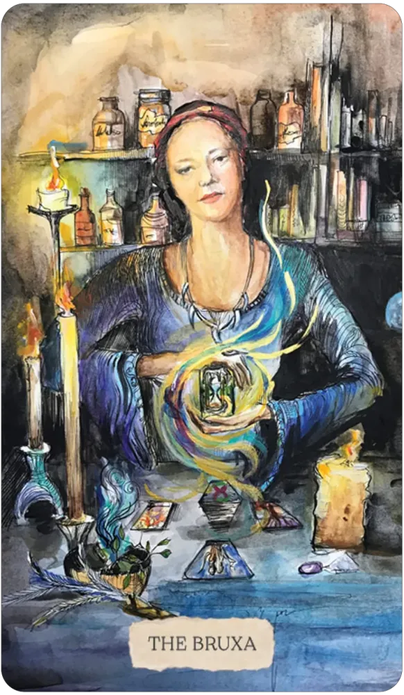 Artistic depiction of a woman labeled 'The Bruxa' with candles and bottles in the background.