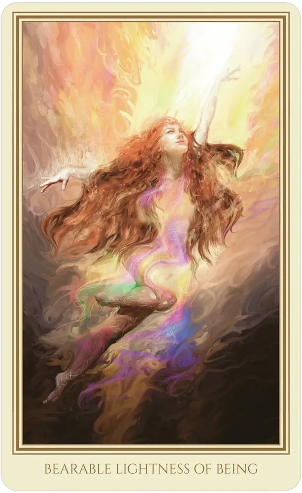 Artistic depiction of a woman with flowing hair against a colorful background, with text 'Bearable Lightness of Being'.