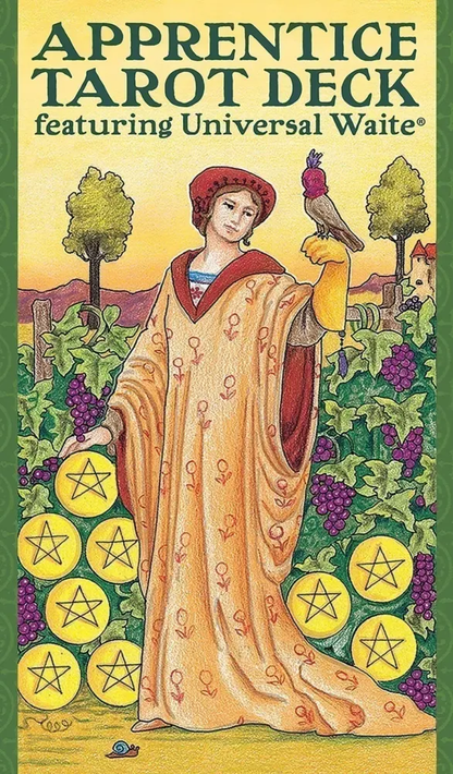 The image features the cover of the "Apprentice Tarot Deck" with a colorful and vibrant illustration. The cover showcases a beautifully detailed portrait of a figure in a colorful, ornate robe, standing in a scenic setting with trees and a bird.