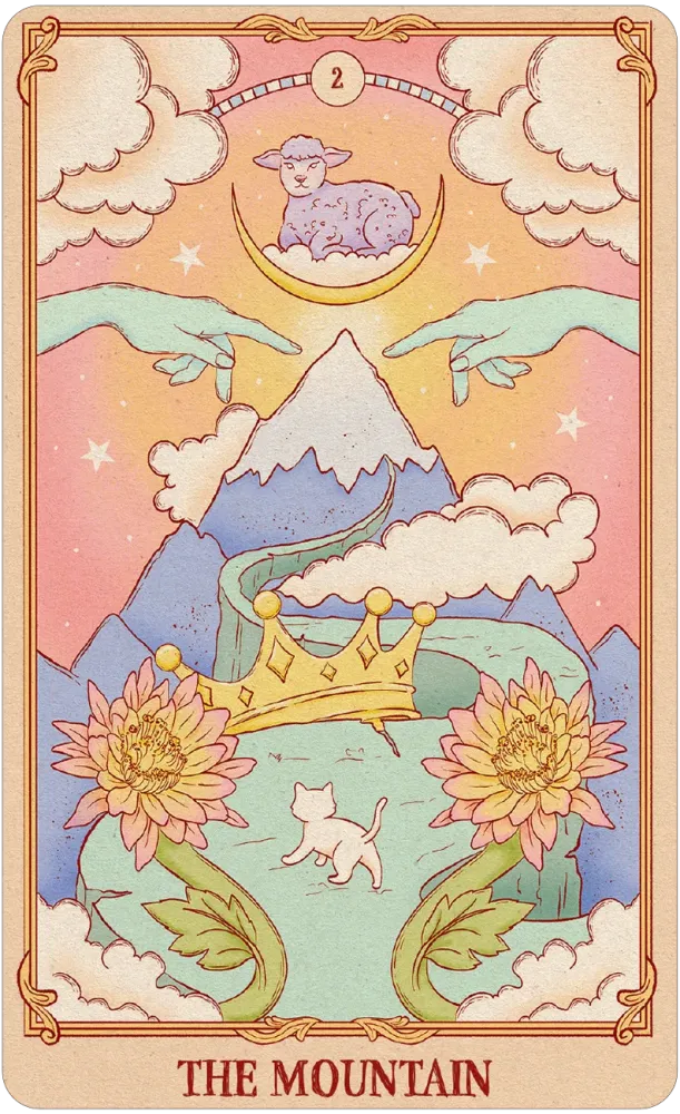 Tarot card featuring a mountain, flowers, and a lamb with 'The Mountain' at the bottom.