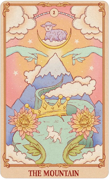 Tarot card featuring a mountain, flowers, and a lamb with 'The Mountain' at the bottom.