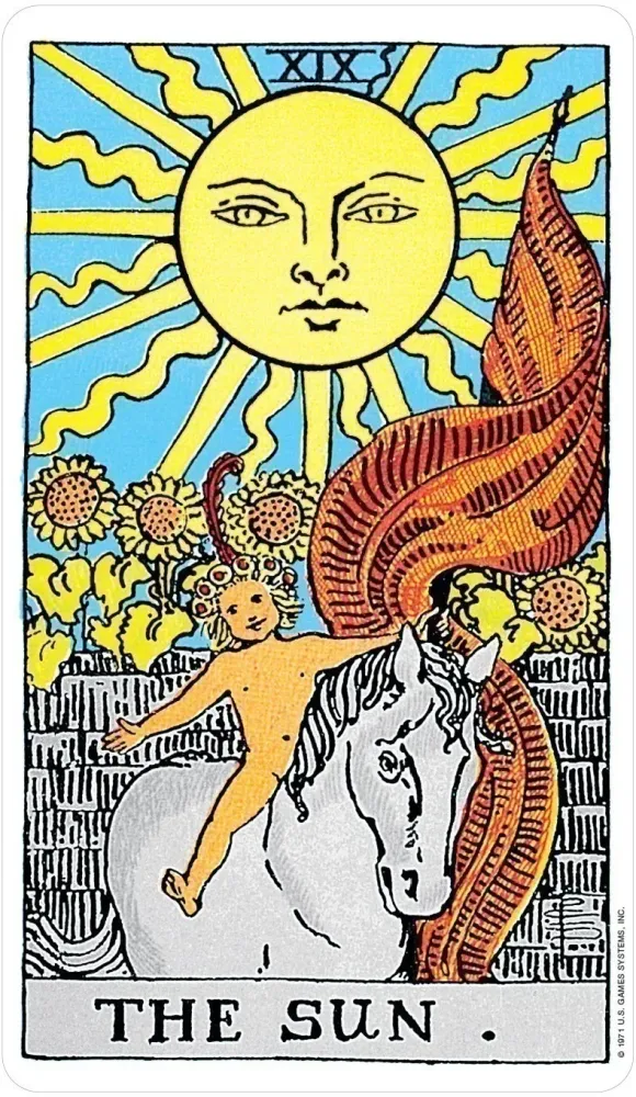 The Sun card from the Rider-Waite Tarot Deck, showing a child riding a white horse beneath a radiant sun.

