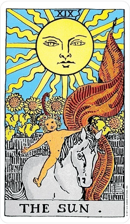 The Sun card from the Rider-Waite Tarot Deck, showing a child riding a white horse beneath a radiant sun.
