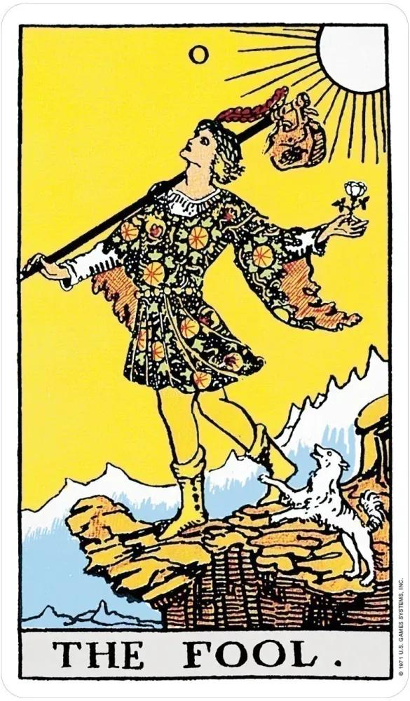 The Fool card from the Rider-Waite Tarot Deck, depicting a traveler stepping toward a cliff with a small dog beneath a bright sun.
