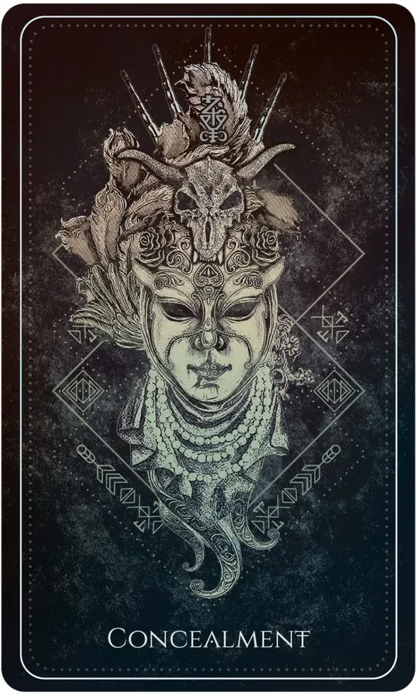 Decorative mask with intricate designs and the word 'Concealment' on a dark background