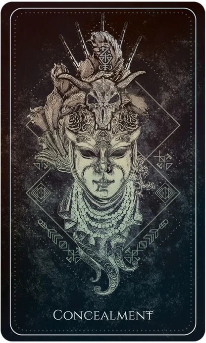 Decorative mask with intricate designs and the word 'Concealment' on a dark background