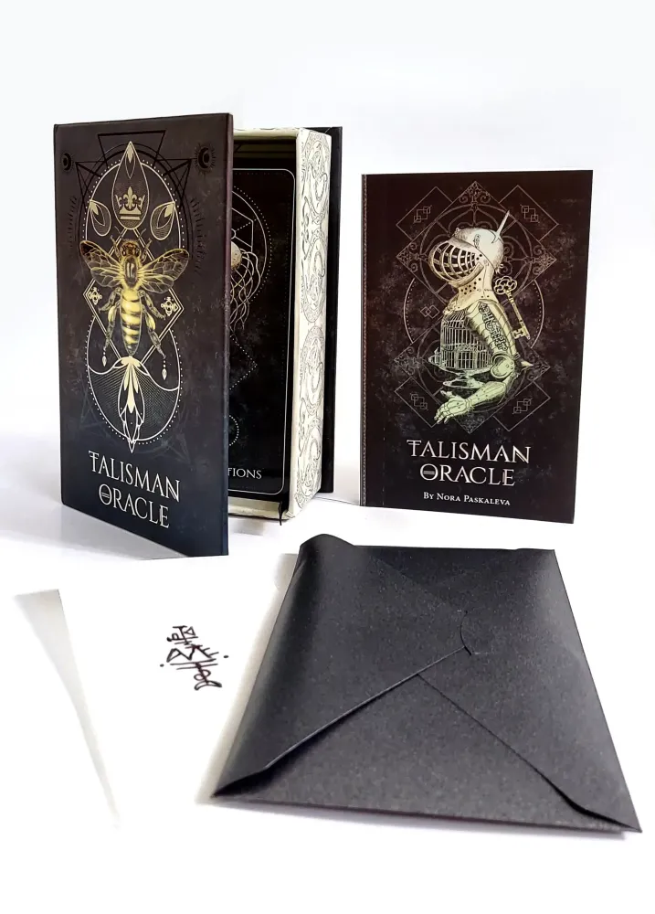 Talisman Oracle card set with packaging and envelope on a white background