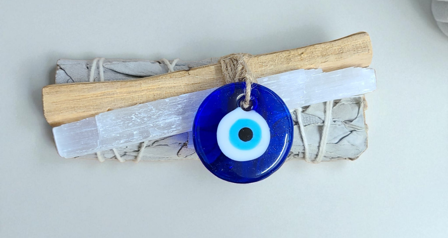 White Sage, Selenite, Palo Santo & Evil Eye Charm Smudge Stick Bundles 4"
