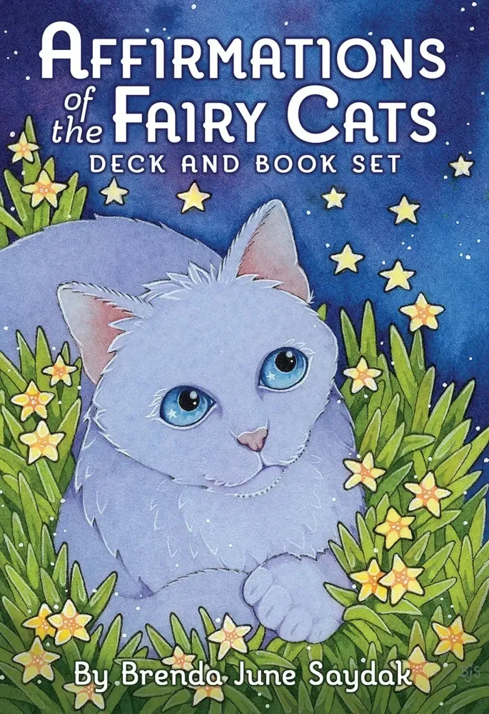 Cover of the book 'Affirmations of the Fairy Cats Deck and Book Set' featuring an illustration of a blue fairy cat with stars in the background.